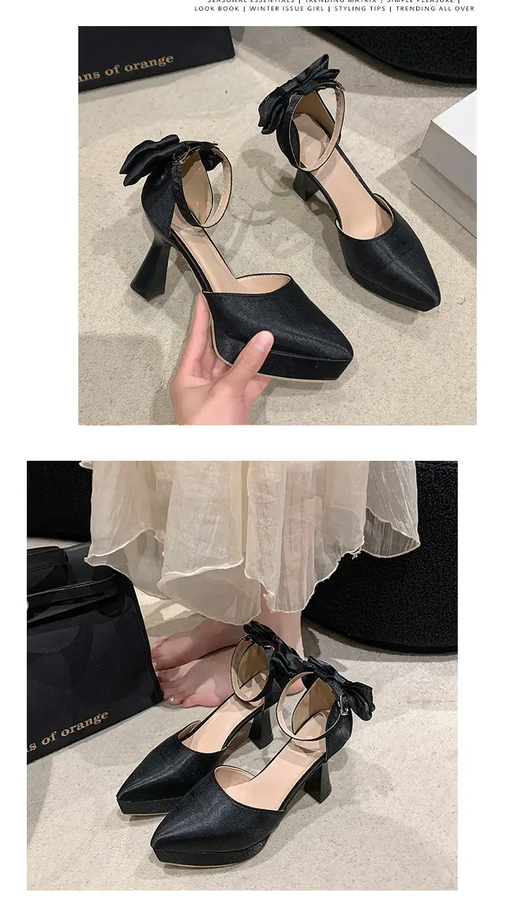 High Heels Women's 2025 Summer New Style French Style Beautiful Bow Pointed Toe One-Word Strap Waterproof Platform Cut Out Sandals — feature 15