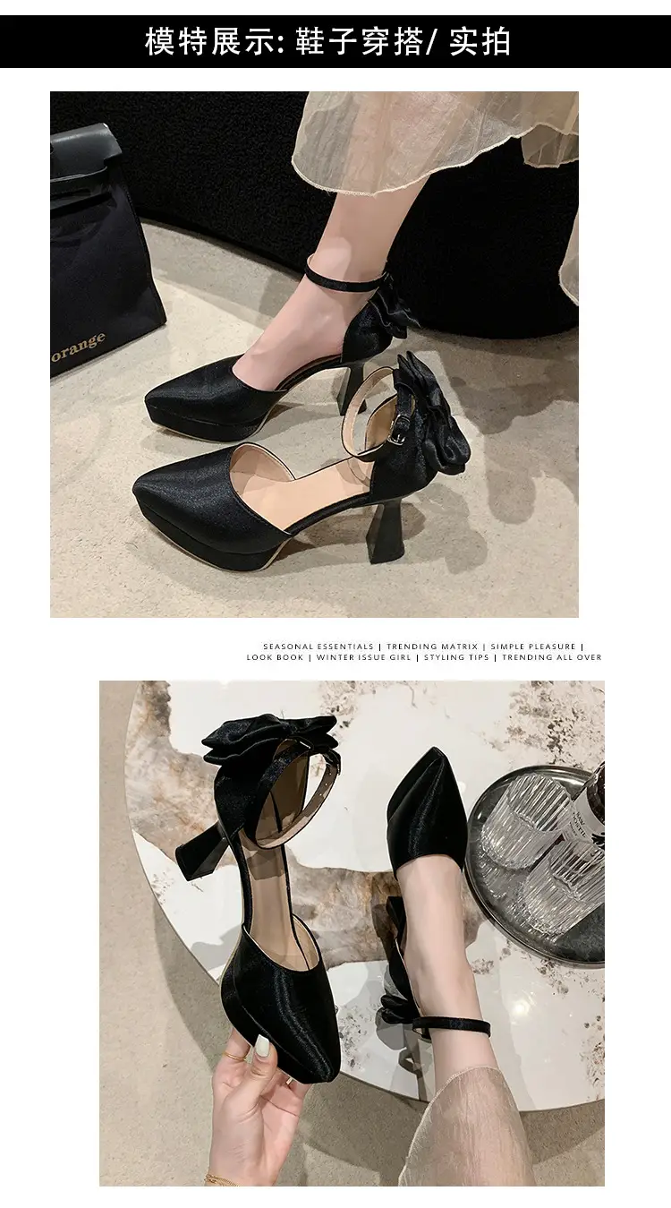 High Heels Women's 2025 Summer New Style French Style Beautiful Bow Pointed Toe One-Word Strap Waterproof Platform Cut Out Sandals — feature 3