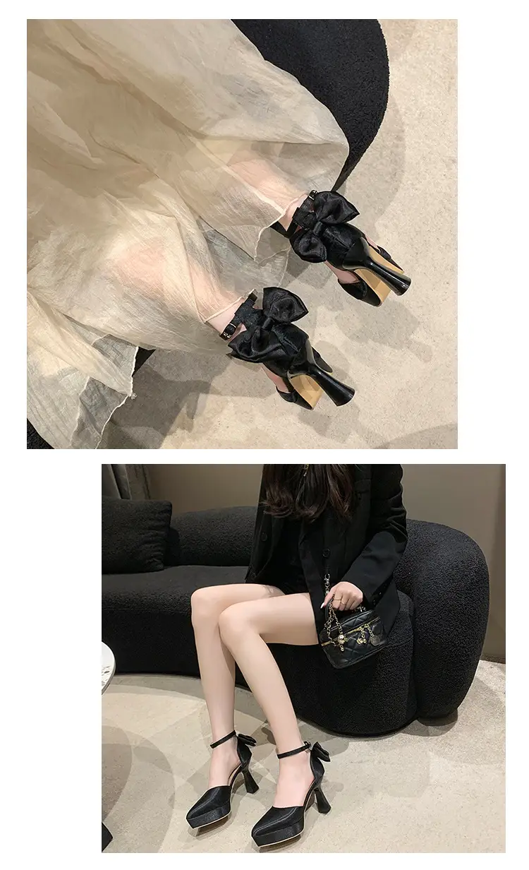 High Heels Women's 2025 Summer New Style French Style Beautiful Bow Pointed Toe One-Word Strap Waterproof Platform Cut Out Sandals — feature 4