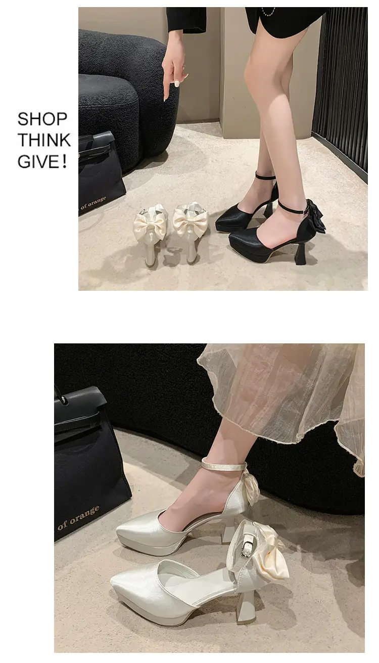 High Heels Women's 2025 Summer New Style French Style Beautiful Bow Pointed Toe One-Word Strap Waterproof Platform Cut Out Sandals — feature 6