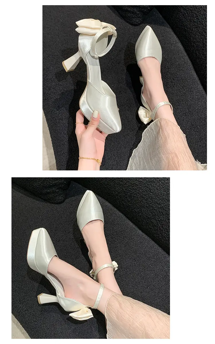 High Heels Women's 2025 Summer New Style French Style Beautiful Bow Pointed Toe One-Word Strap Waterproof Platform Cut Out Sandals — feature 8