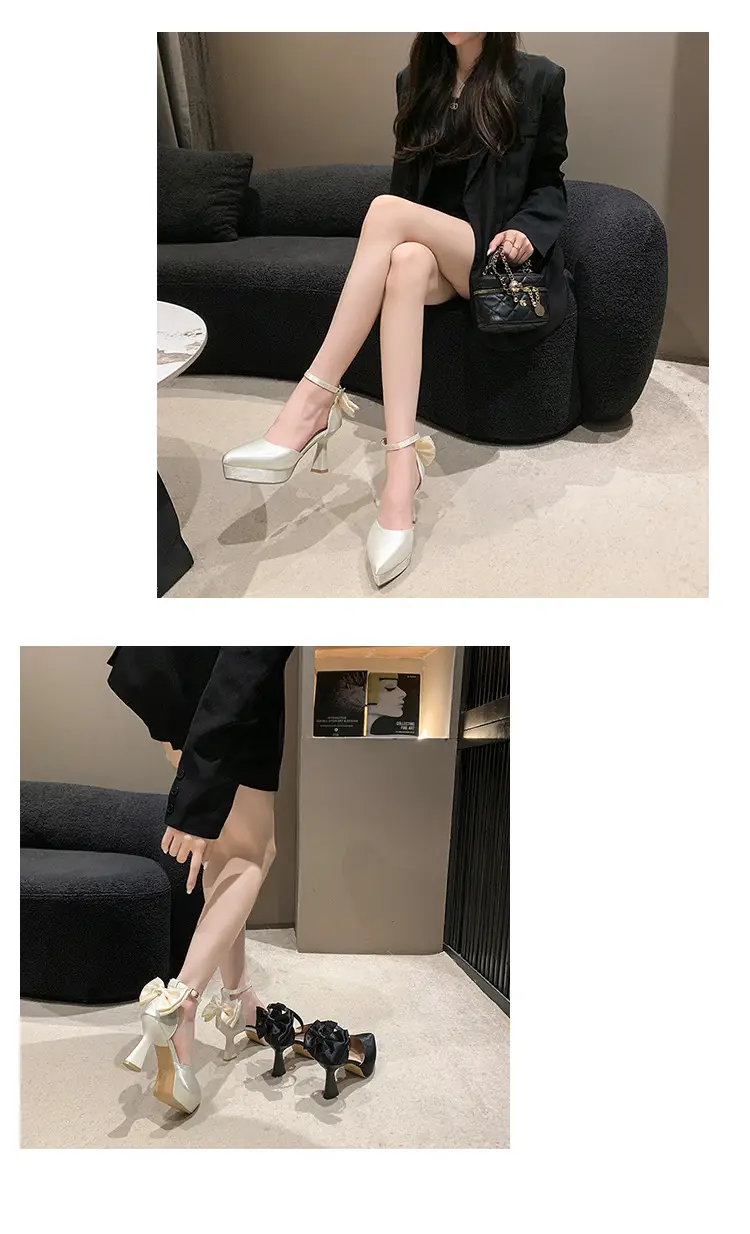 High Heels Women's 2025 Summer New Style French Style Beautiful Bow Pointed Toe One-Word Strap Waterproof Platform Cut Out Sandals — feature 9