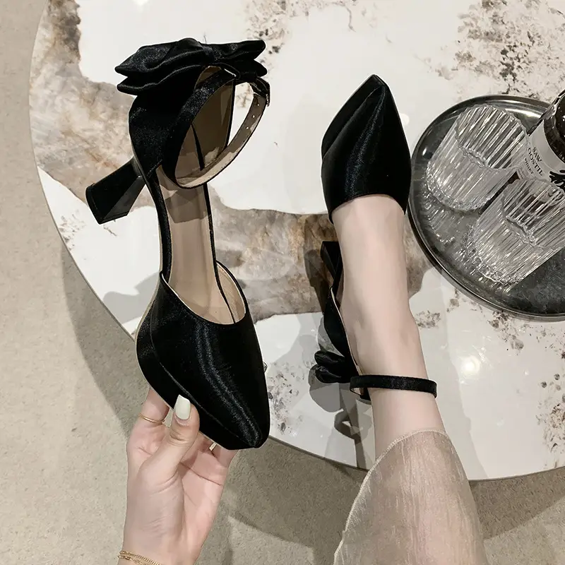High Heels Women's 2025 Summer New Style French Style Beautiful Bow Pointed Toe One-Word Strap Waterproof Platform Cut Out Sandals - Image 2