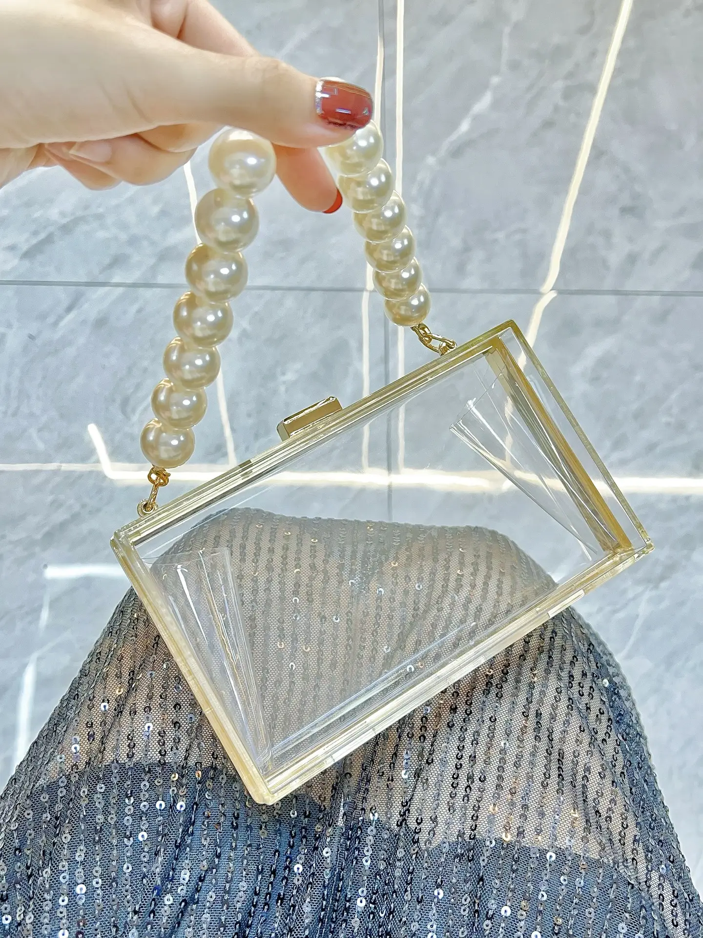 Transparent Crossbody Clutch Bag with Pearl Handle - Image 2