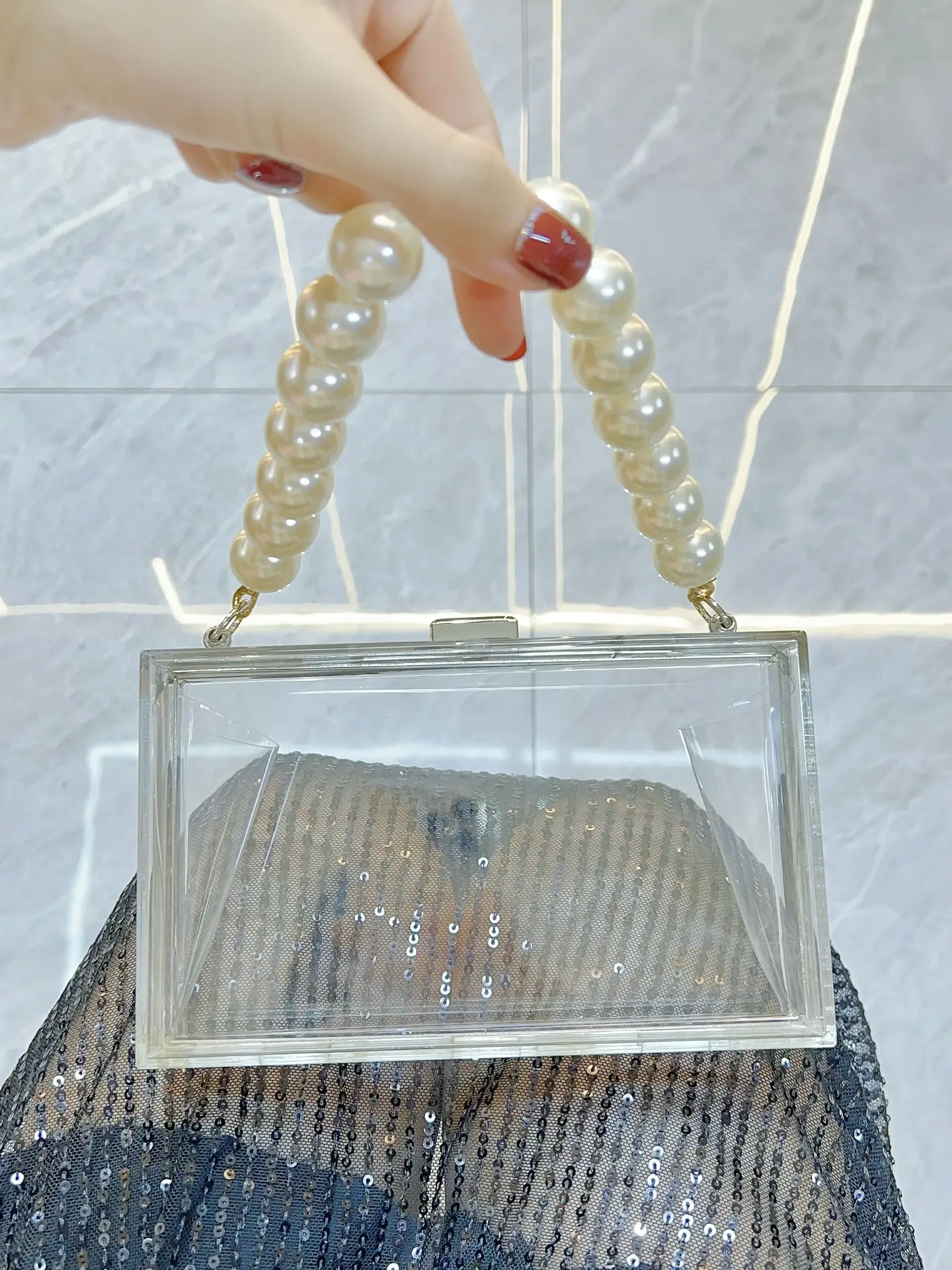 Transparent Crossbody Clutch Bag with Pearl Handle — feature 8