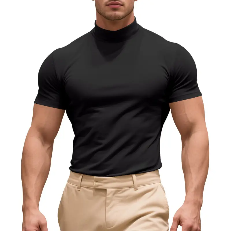 Men's Black Tight High Collar T-Shirt Short Sleeve 2025 - Image 8