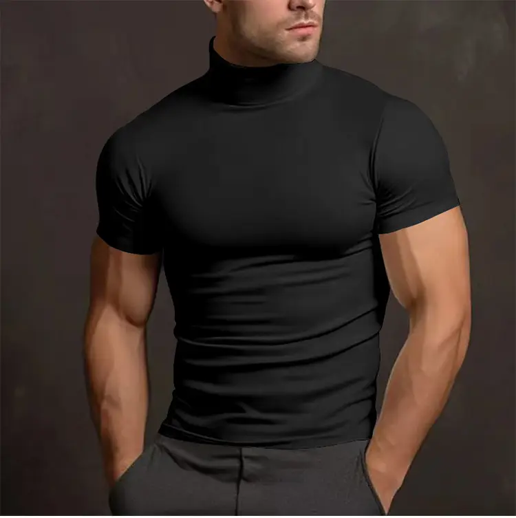 Men's Black Tight High Collar T-Shirt Short Sleeve 2025 — feature 23