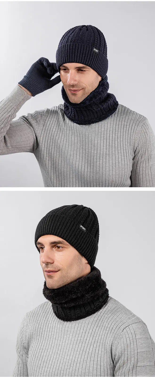 Men's Knitted Neck Hat suit Fashionable All-match Warm Turn-up Wool Hat fleece-lined Thickened Neck Protection Neck Sleeve for Women — feature 7