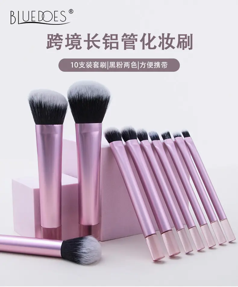 Cross-border 10-Piece Pink Makeup Brush Set with Aluminized Handle β feature 1