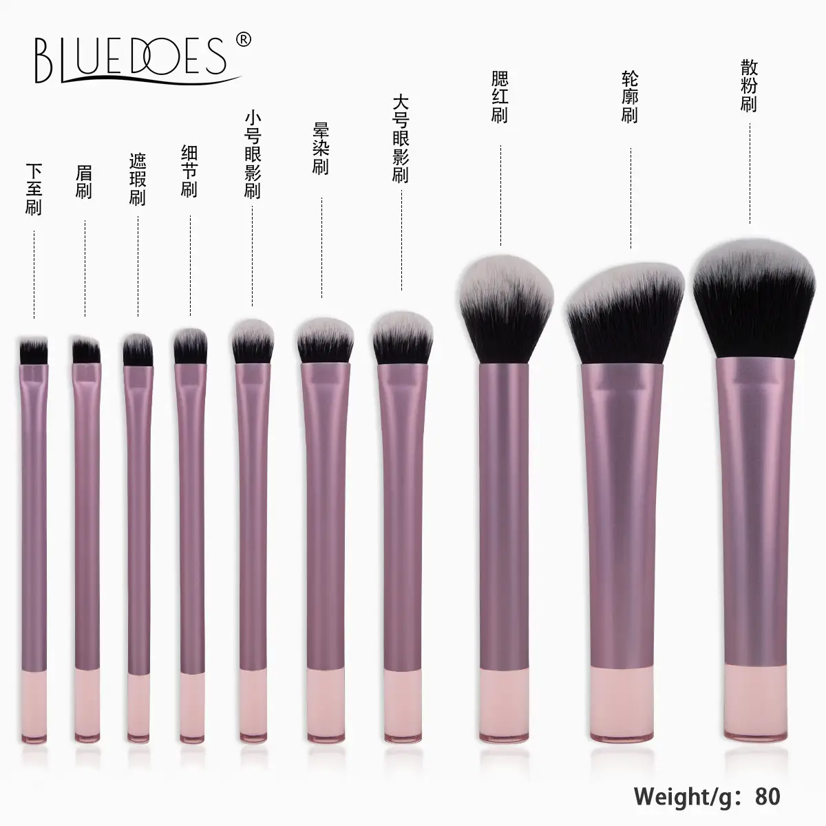 Cross-border 10-Piece Pink Makeup Brush Set with Aluminized Handle