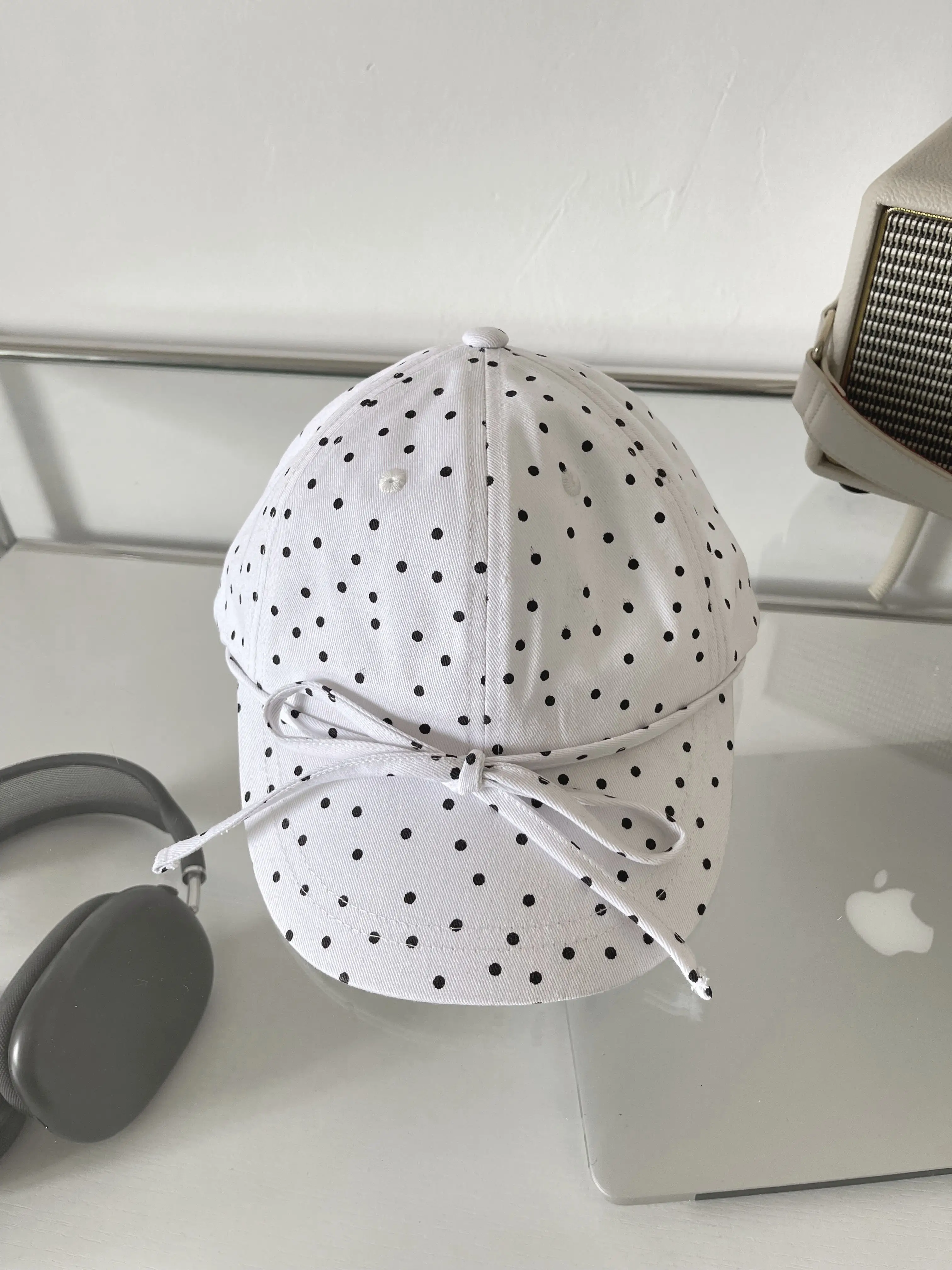 Adjustable Baseball Cap for Women Black White Dot Bow — feature 4