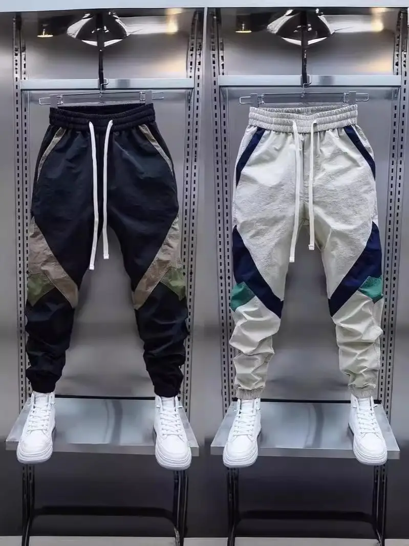 Men Beige Stripe Track Pants with White Sneakers - Image 3