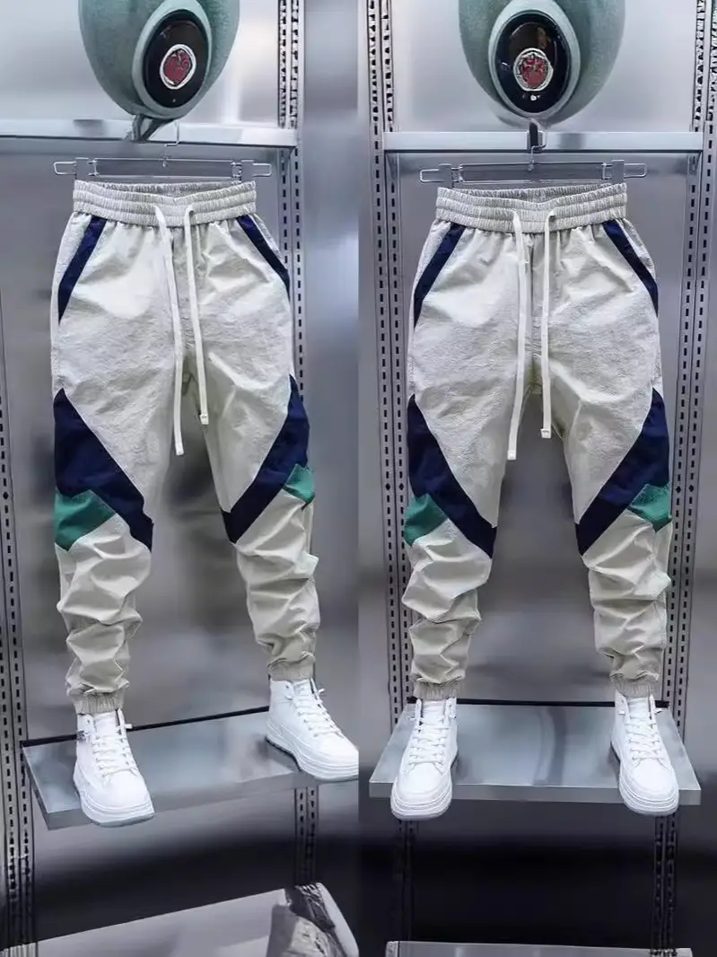 Men Beige Stripe Track Pants with White Sneakers - Image 5