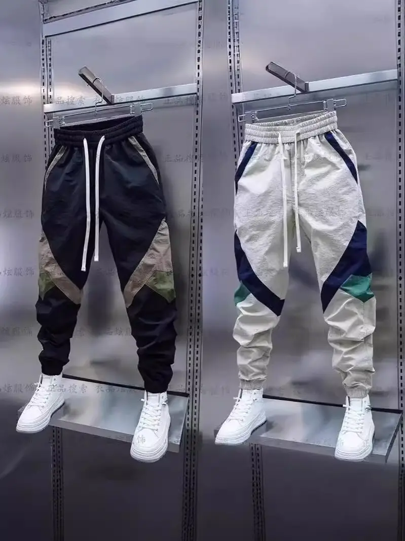 Men Beige Stripe Track Pants with White Sneakers - Image 6