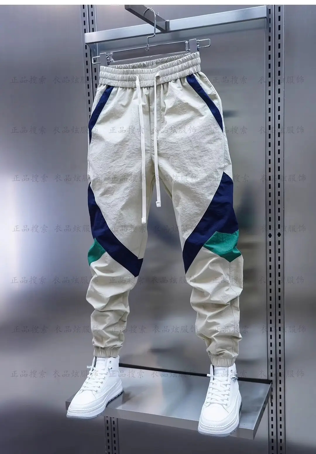 Men Beige Stripe Track Pants with White Sneakers — feature 11