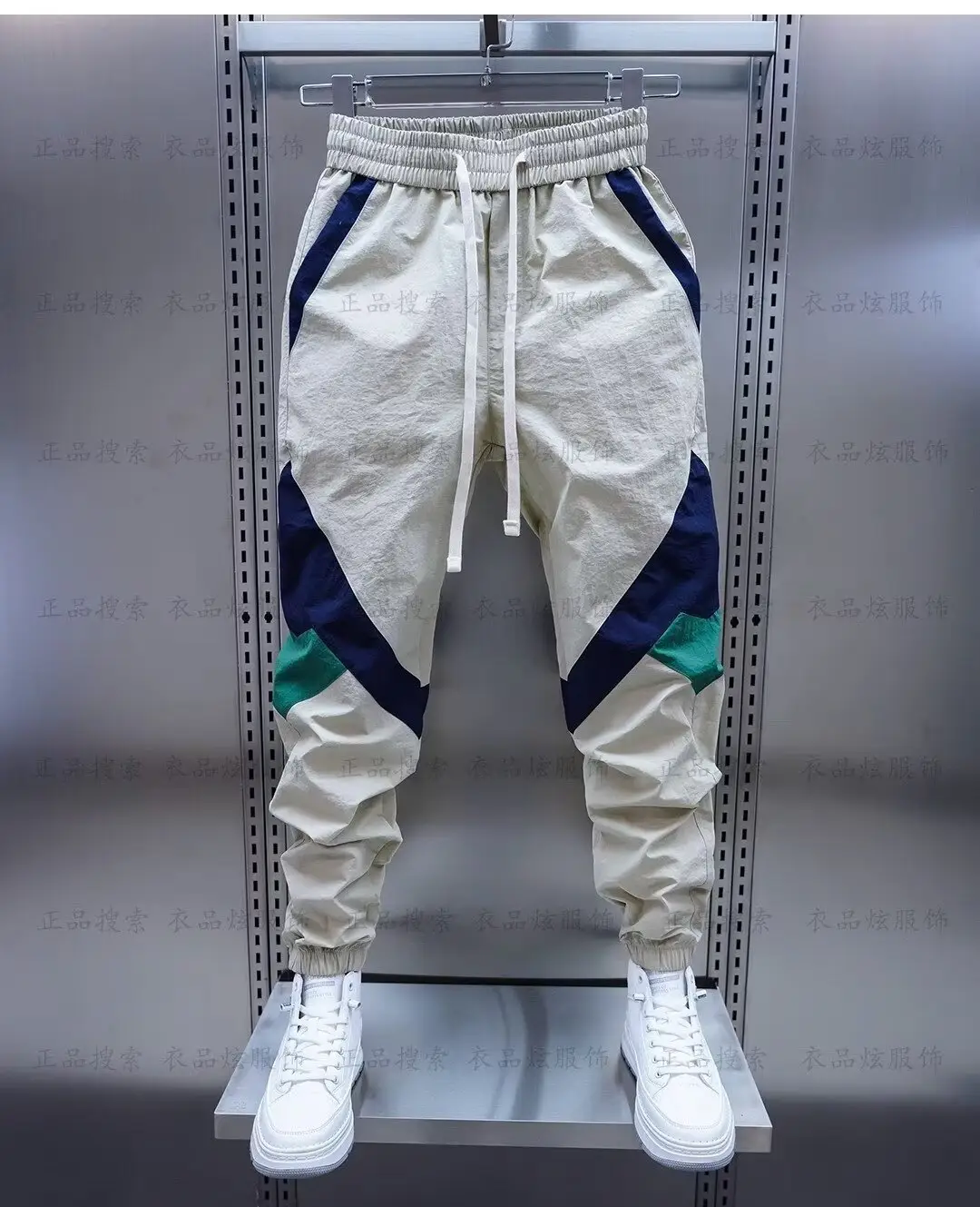 Men Beige Stripe Track Pants with White Sneakers — feature 12