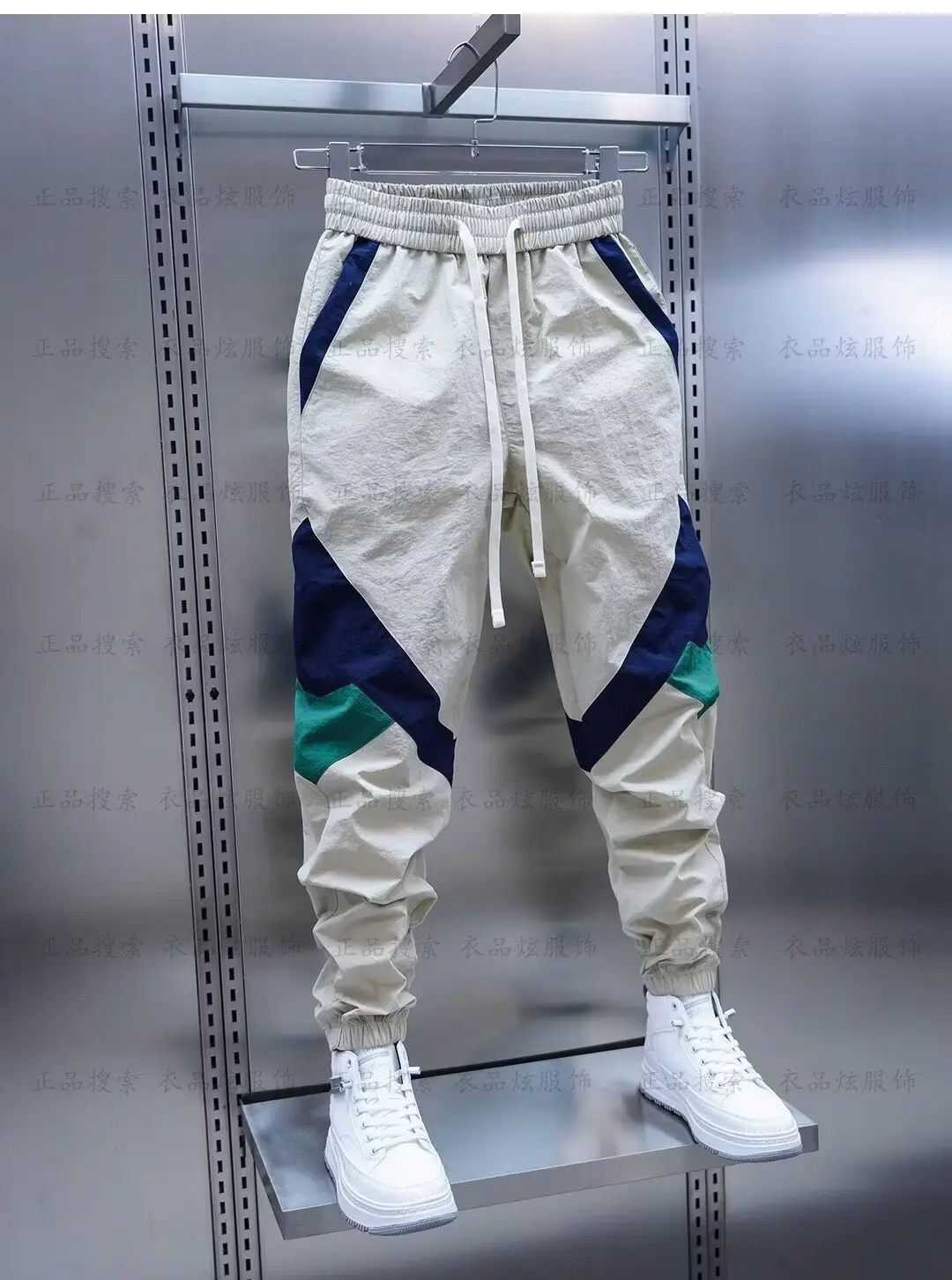 Men Beige Stripe Track Pants with White Sneakers — feature 13