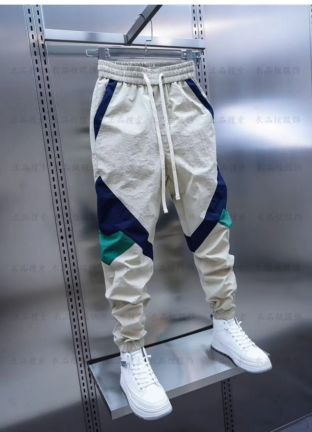 Men Beige Stripe Track Pants with White Sneakers — feature 14