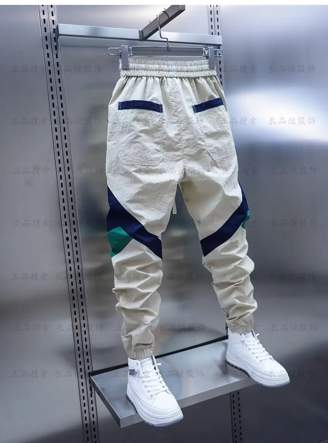 Men Beige Stripe Track Pants with White Sneakers — feature 15