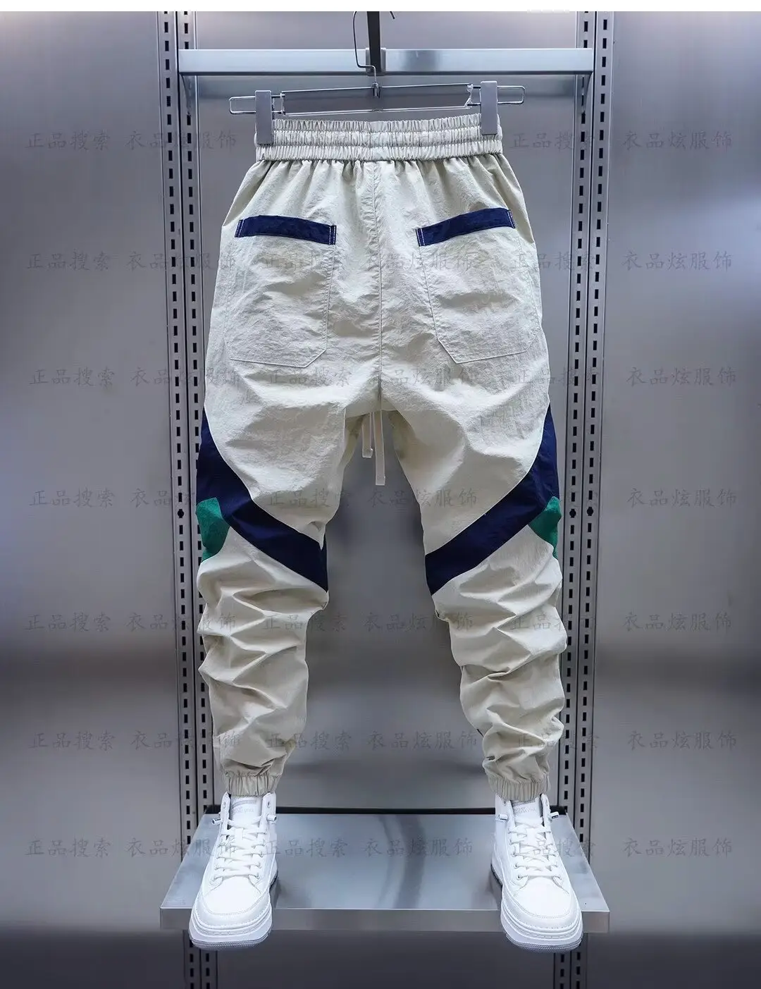 Men Beige Stripe Track Pants with White Sneakers — feature 16