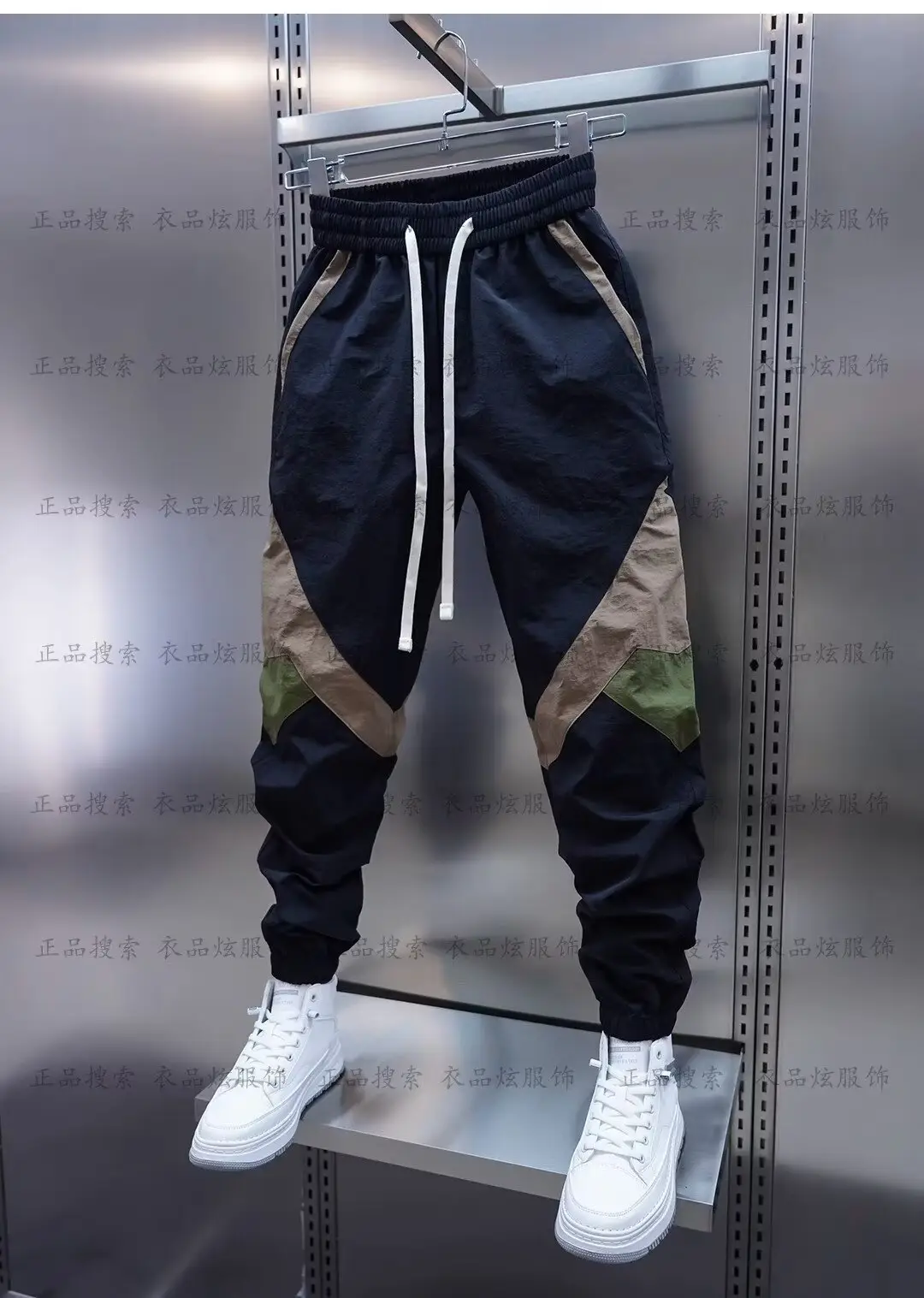 Men Beige Stripe Track Pants with White Sneakers — feature 17