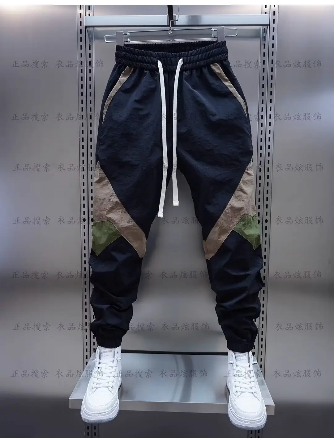 Men Beige Stripe Track Pants with White Sneakers — feature 18