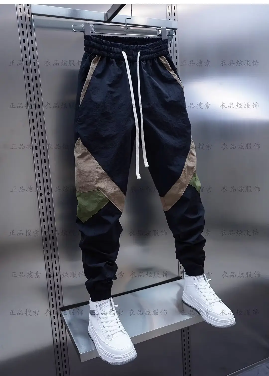 Men Beige Stripe Track Pants with White Sneakers — feature 19