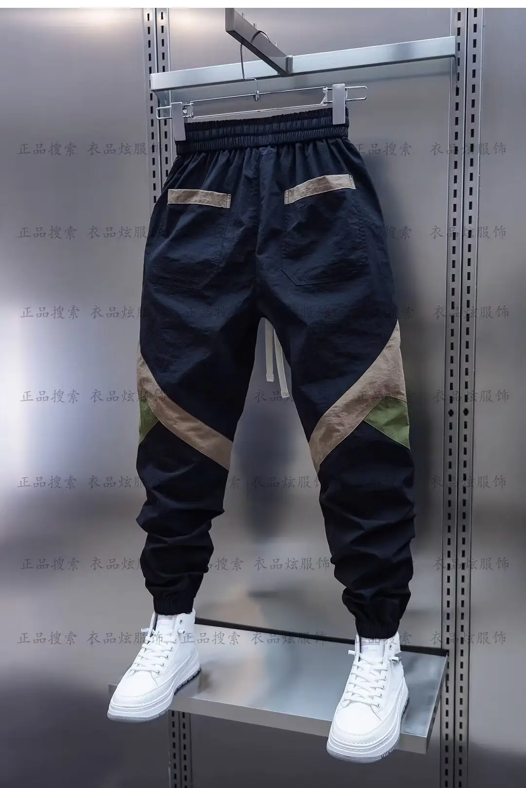 Men Beige Stripe Track Pants with White Sneakers — feature 20