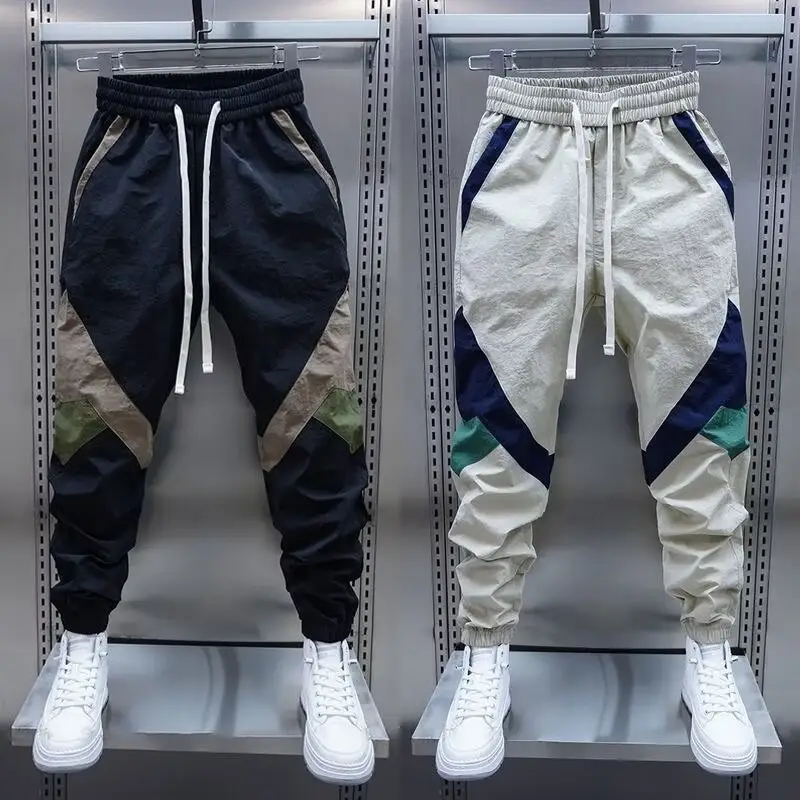 Men Beige Stripe Track Pants with White Sneakers — feature 4