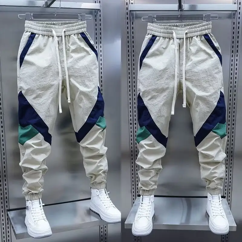 Men Beige Stripe Track Pants with White Sneakers — feature 6