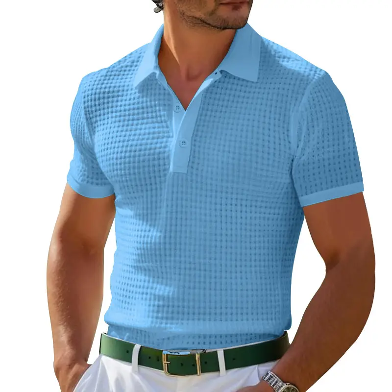 Men Waffle Knit Polo Shirt Gray Collar Button Down - Image 8