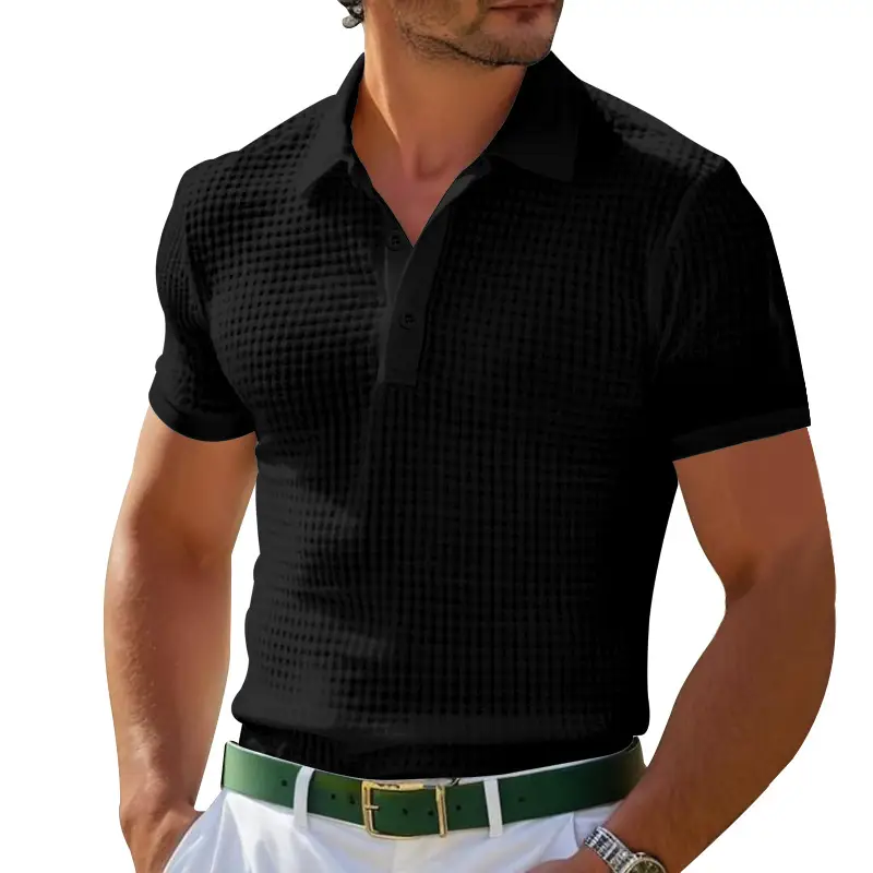 Men Waffle Knit Polo Shirt Gray Collar Button Down - Image 3