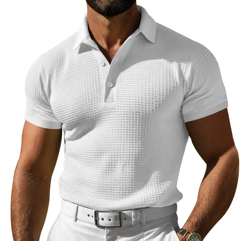 Men Waffle Knit Polo Shirt Gray Collar Button Down - Image 5
