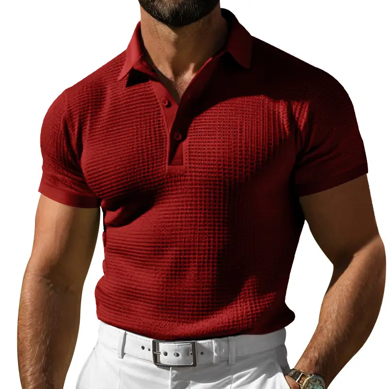 Men Waffle Knit Polo Shirt Gray Collar Button Down - Image 6