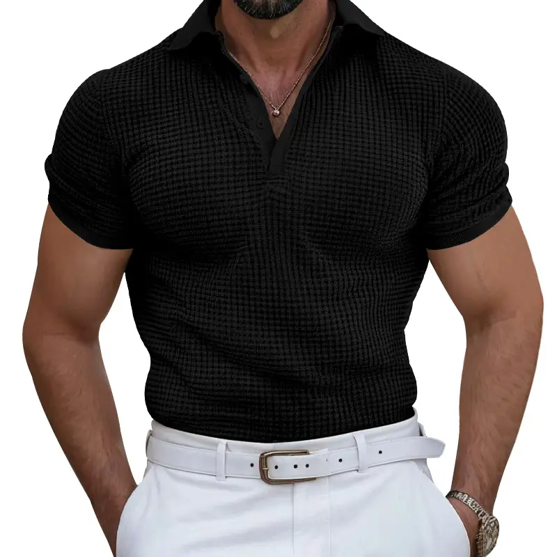 Men's Yellow Waffle Polo T-Shirt Collar Summer — feature 23