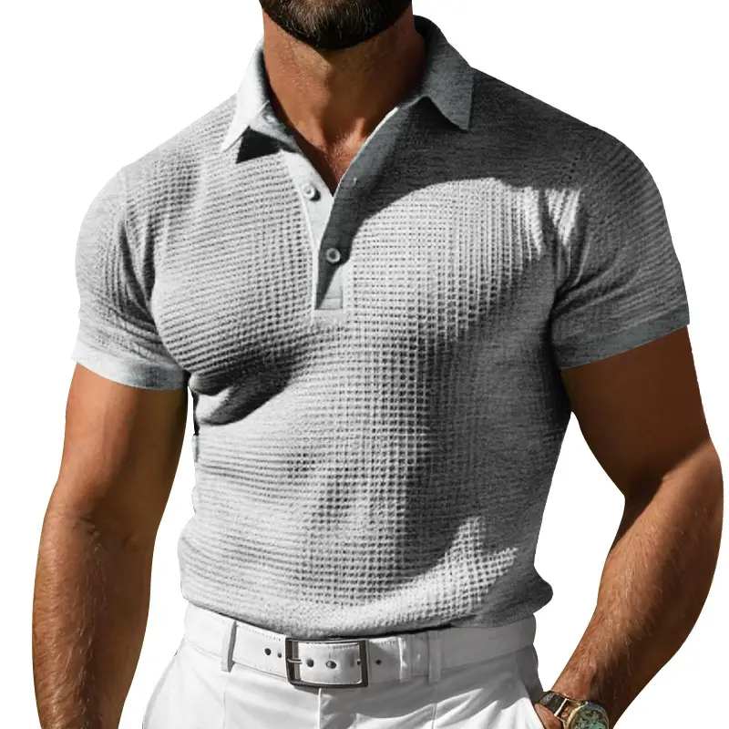 Men's Yellow Waffle Polo T-Shirt Collar Summer - Image 3