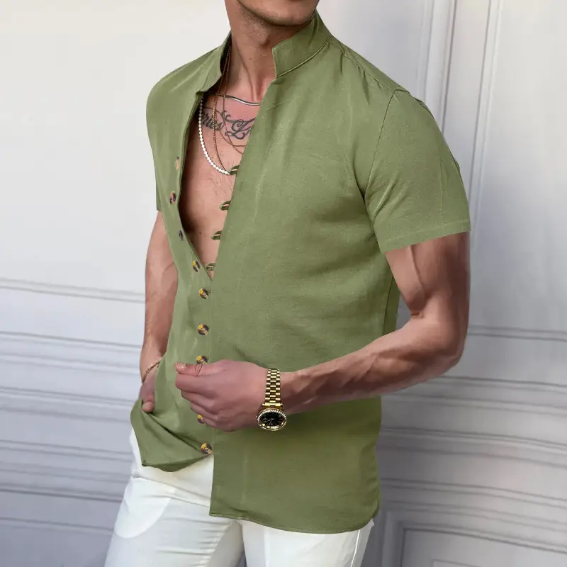 Men's 2025 Summer T-Shirt Brown Button Collar Short Sleeve - Image 10
