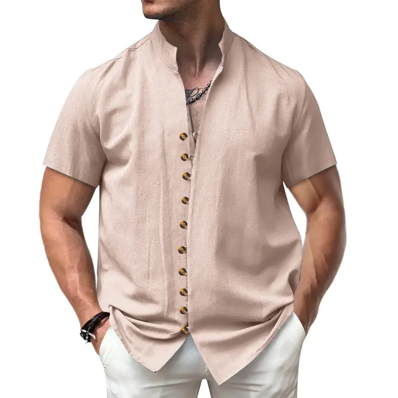 Men's 2025 Summer T-Shirt Brown Button Collar Short Sleeve - Image 11
