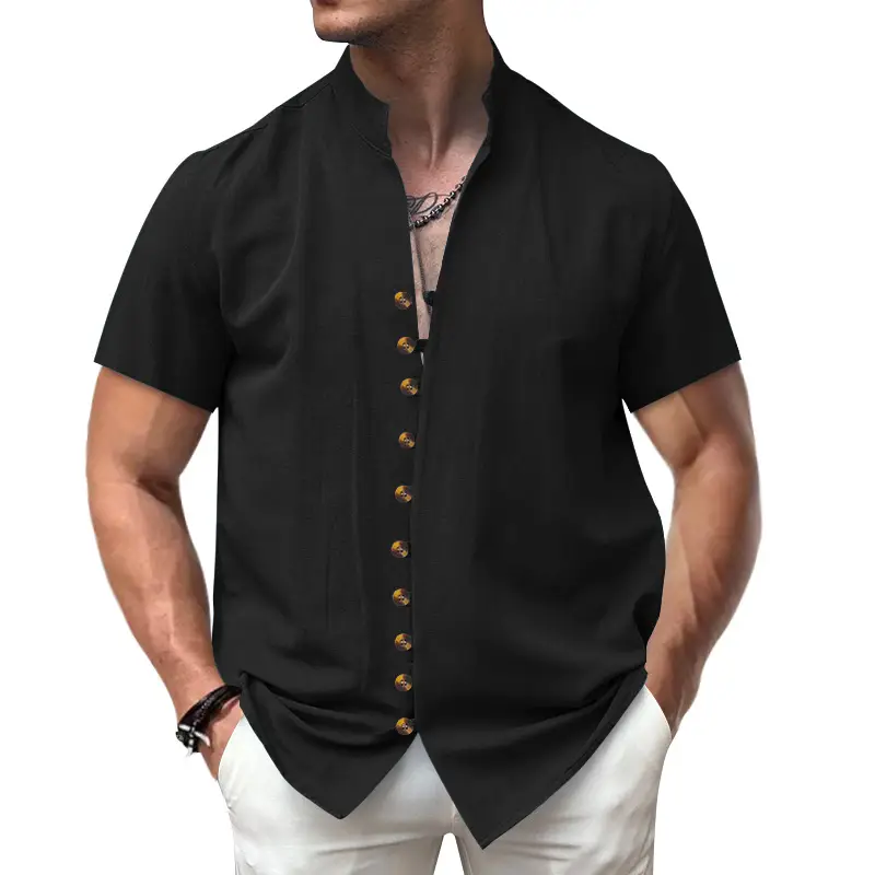 Men's 2025 Summer T-Shirt Brown Button Collar Short Sleeve - Image 12