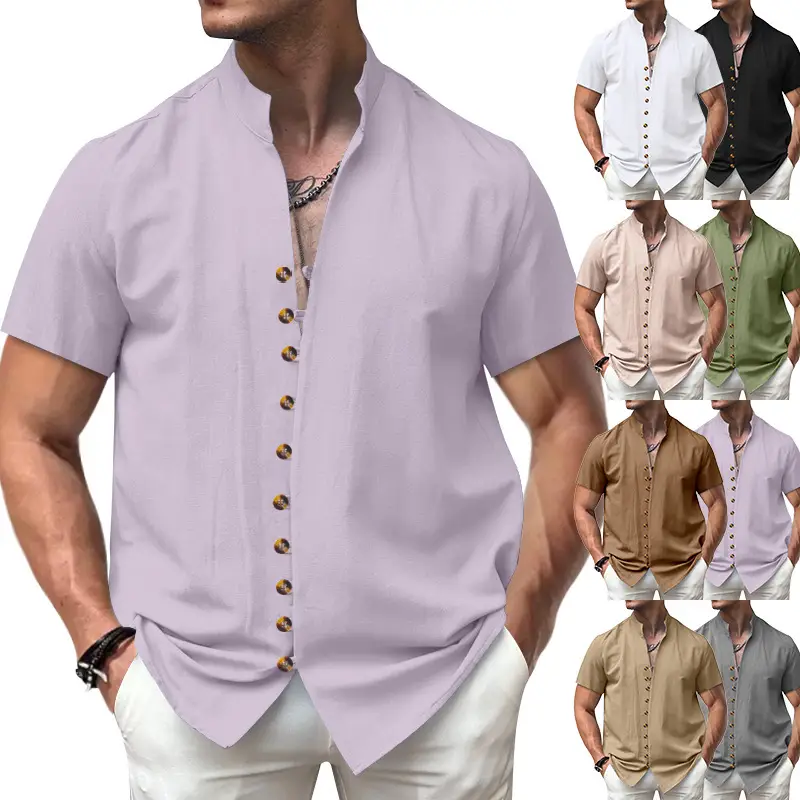 Men's 2025 Summer T-Shirt Brown Button Collar Short Sleeve — feature 1