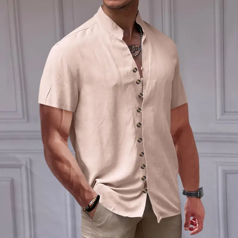 Men's 2025 Summer T-Shirt Brown Button Collar Short Sleeve — feature 15
