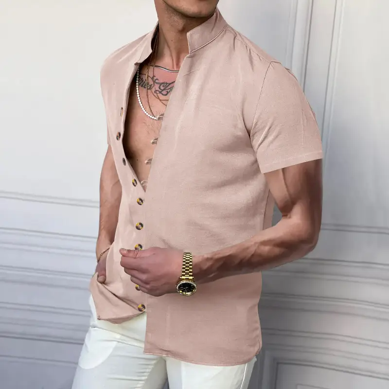 Men's 2025 Summer T-Shirt Brown Button Collar Short Sleeve — feature 16