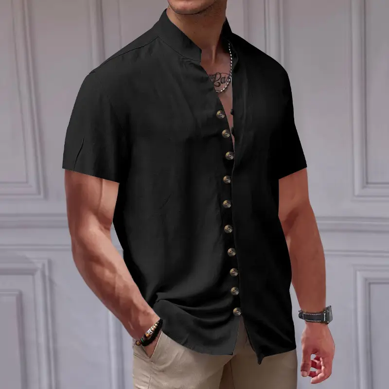Men's 2025 Summer T-Shirt Brown Button Collar Short Sleeve — feature 24
