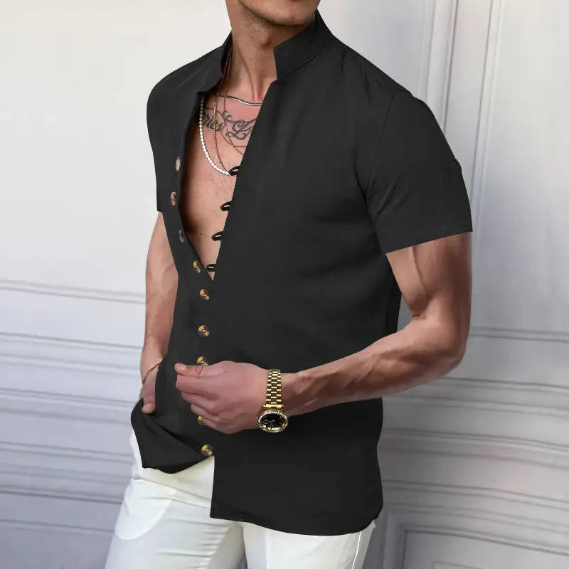 Men's 2025 Summer T-Shirt Brown Button Collar Short Sleeve — feature 25