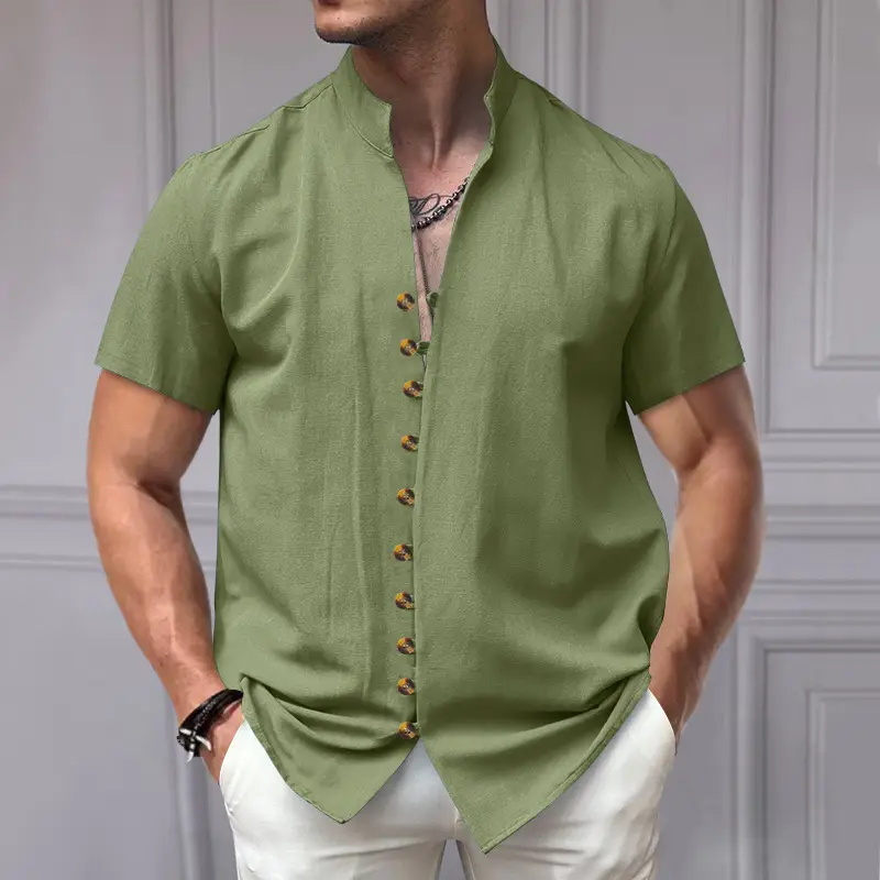 Men's 2025 Summer T-Shirt Brown Button Collar Short Sleeve — feature 31