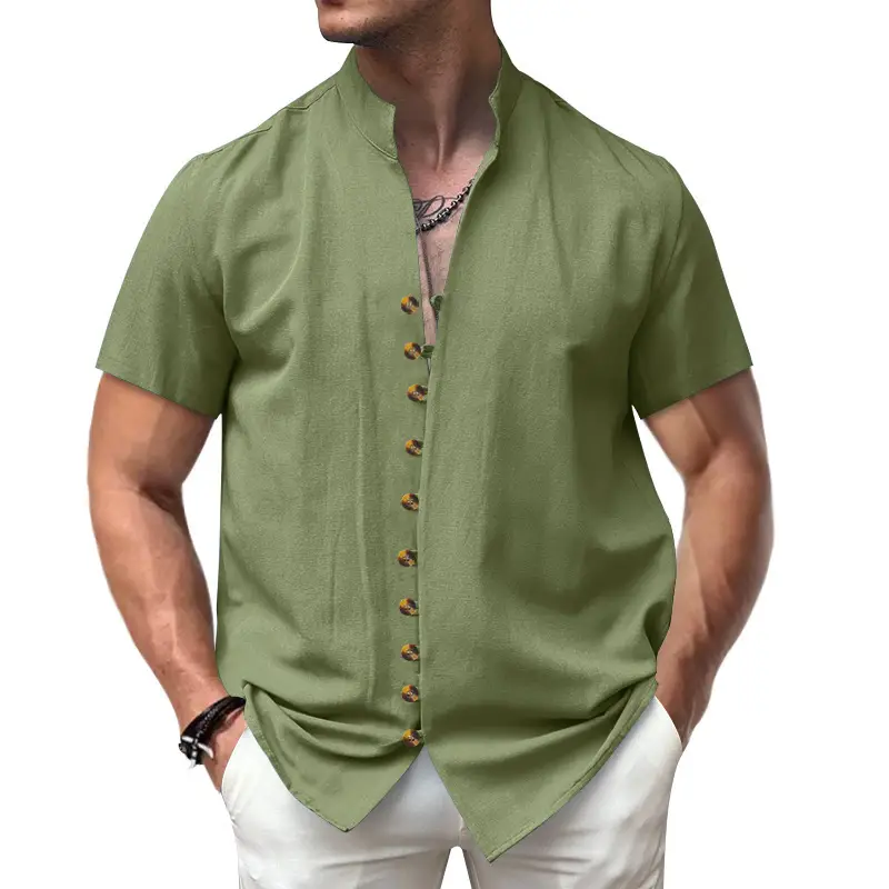 Men's 2025 Summer T-Shirt Brown Button Collar Short Sleeve — feature 32