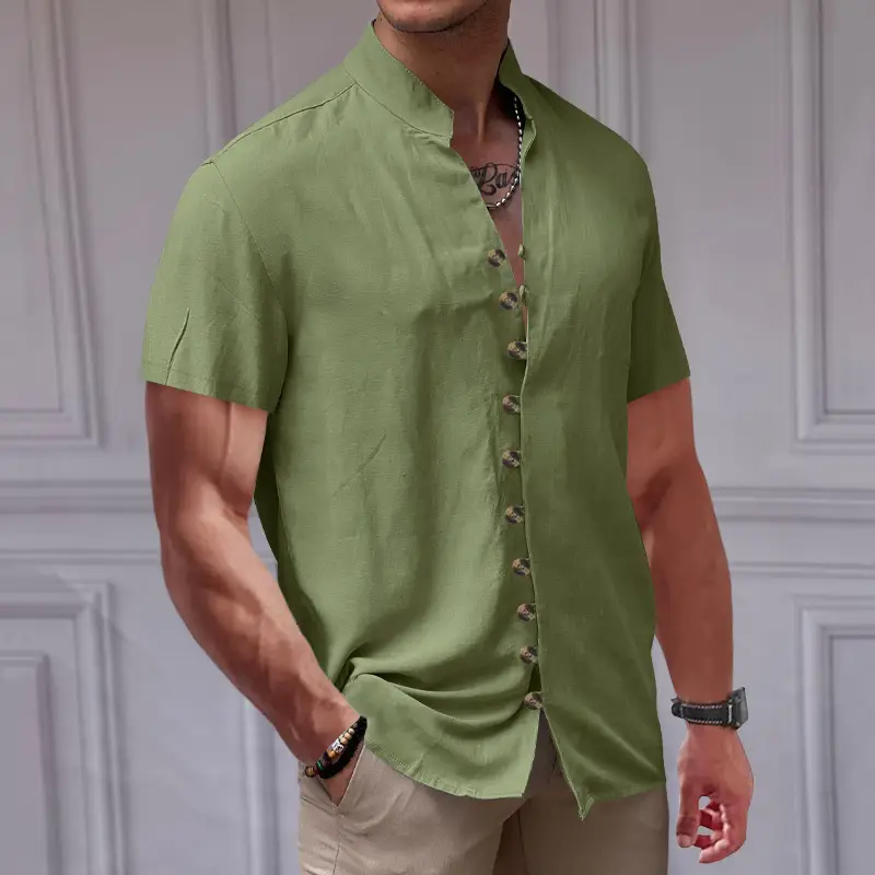 Men's 2025 Summer T-Shirt Brown Button Collar Short Sleeve — feature 33