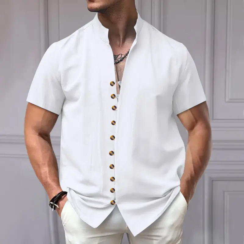 Men's 2025 Summer T-Shirt Brown Button Collar Short Sleeve — feature 4