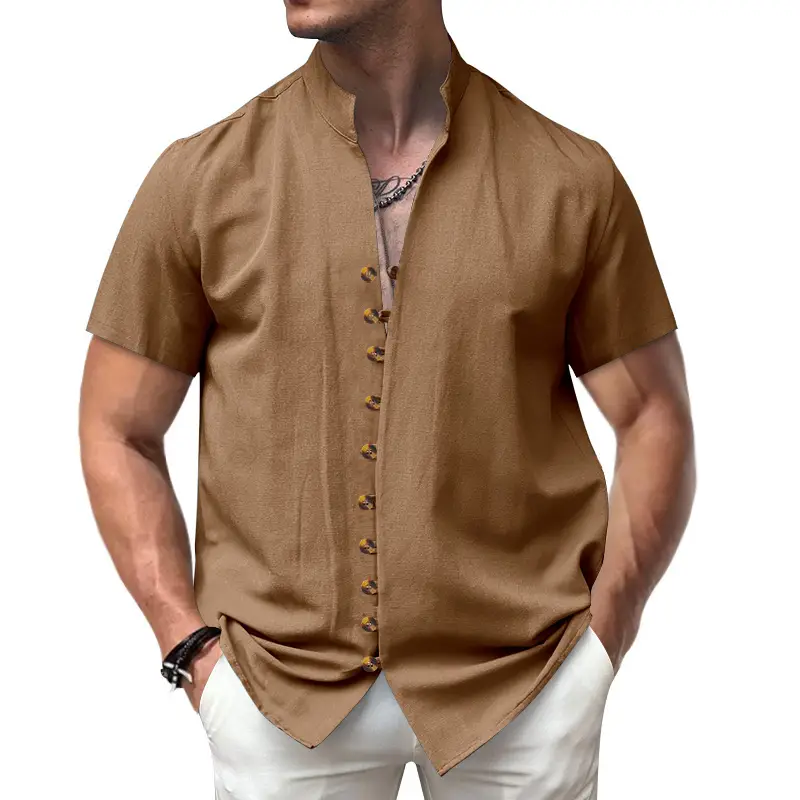 Men's 2025 Summer T-Shirt Brown Button Collar Short Sleeve — feature 41