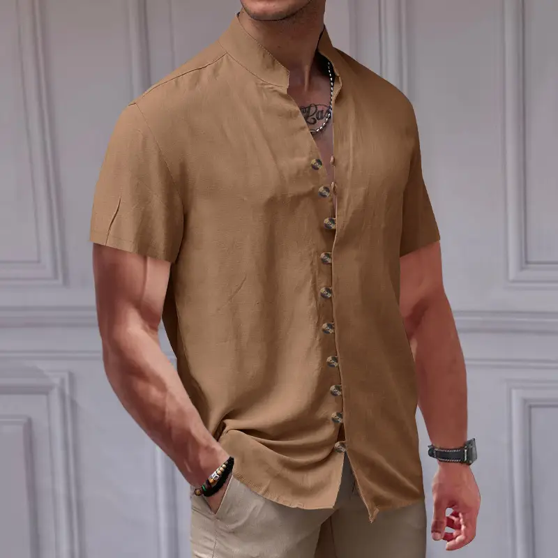 Men's 2025 Summer T-Shirt Brown Button Collar Short Sleeve — feature 42